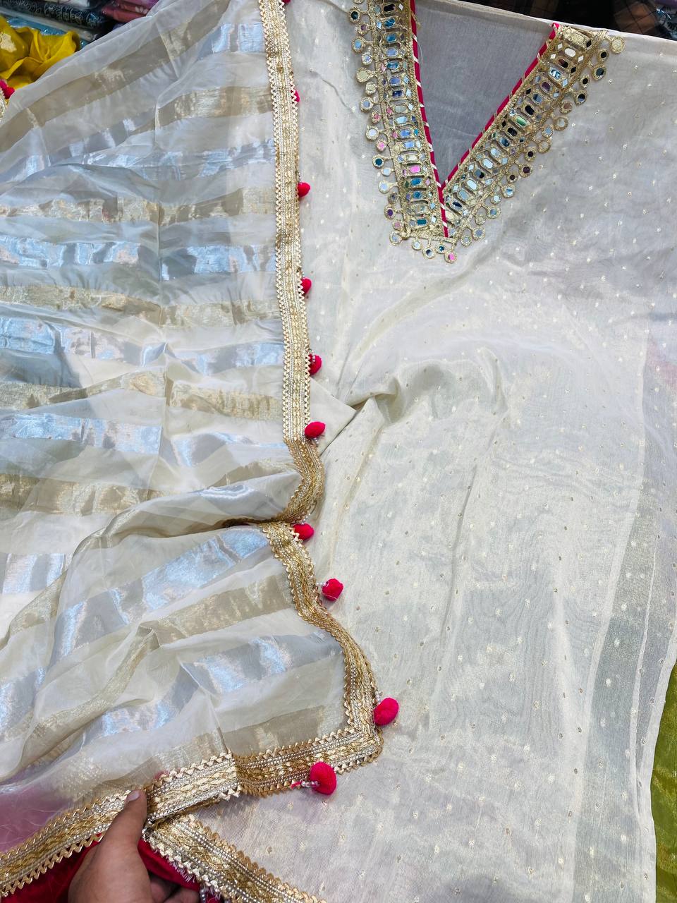 Premium Pure Cosmos Silk Suit With Dupatta With LACE WORK