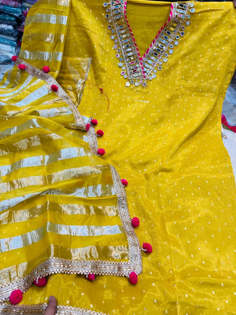 Premium Pure Cosmos Silk Suit With Dupatta With LACE WORK