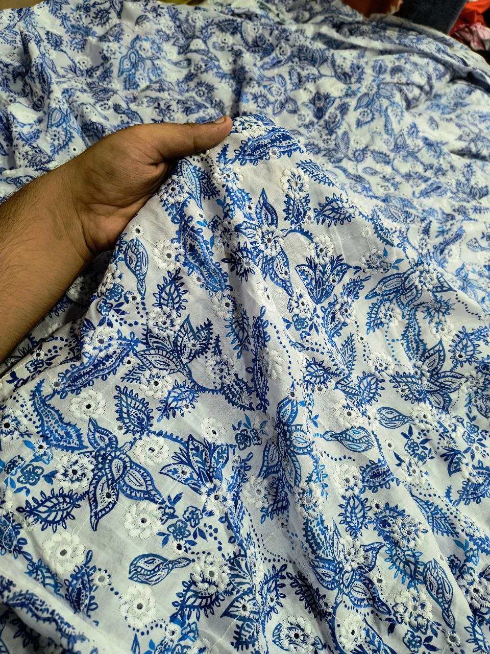 Premium Fine Hakuba Chikankari Embroidery On Pure Cotton PRINTED FABRIC (Big WIDTH!!)