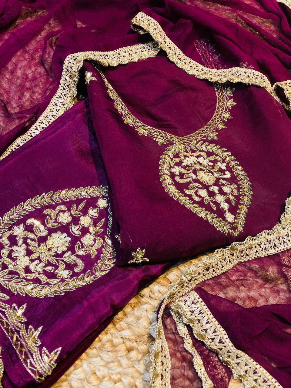 Most Premium Quality Of Pure Suit With Fine Zari And Bottom Work (Complete Suit With Bottom & Dupatta)