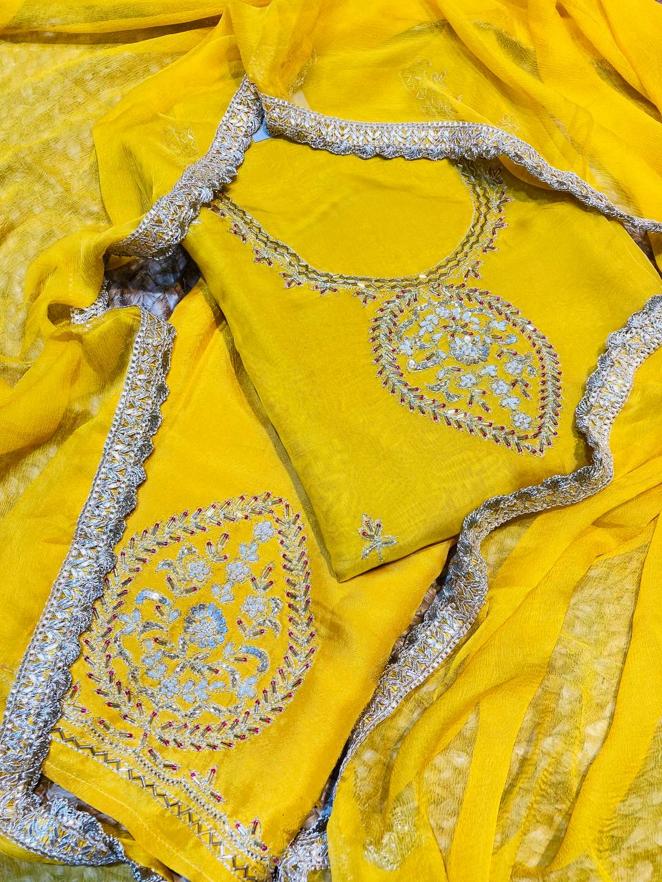 Most Premium Quality Of Pure Suit With Fine Zari And Bottom Work (Complete Suit With Bottom & Dupatta)