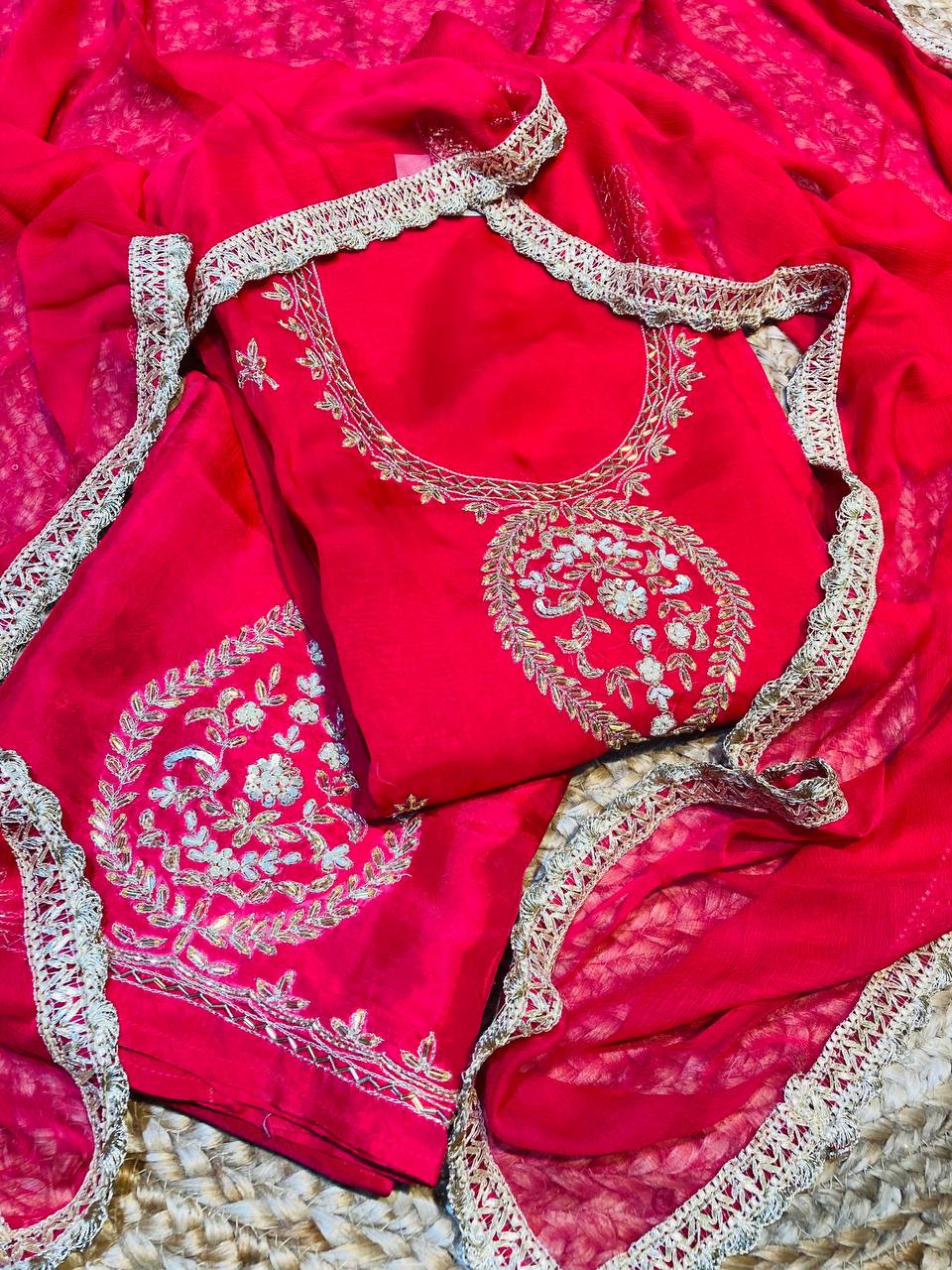 Most Premium Quality Of Pure Suit With Fine Zari And Bottom Work (Complete Suit With Bottom & Dupatta)