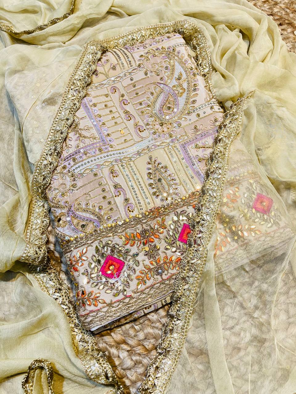 Most Premium Quality Of Pure Natural CREPE Suit With Fine Position Zari Work (Complete Suit With Bottom & Dupatta)