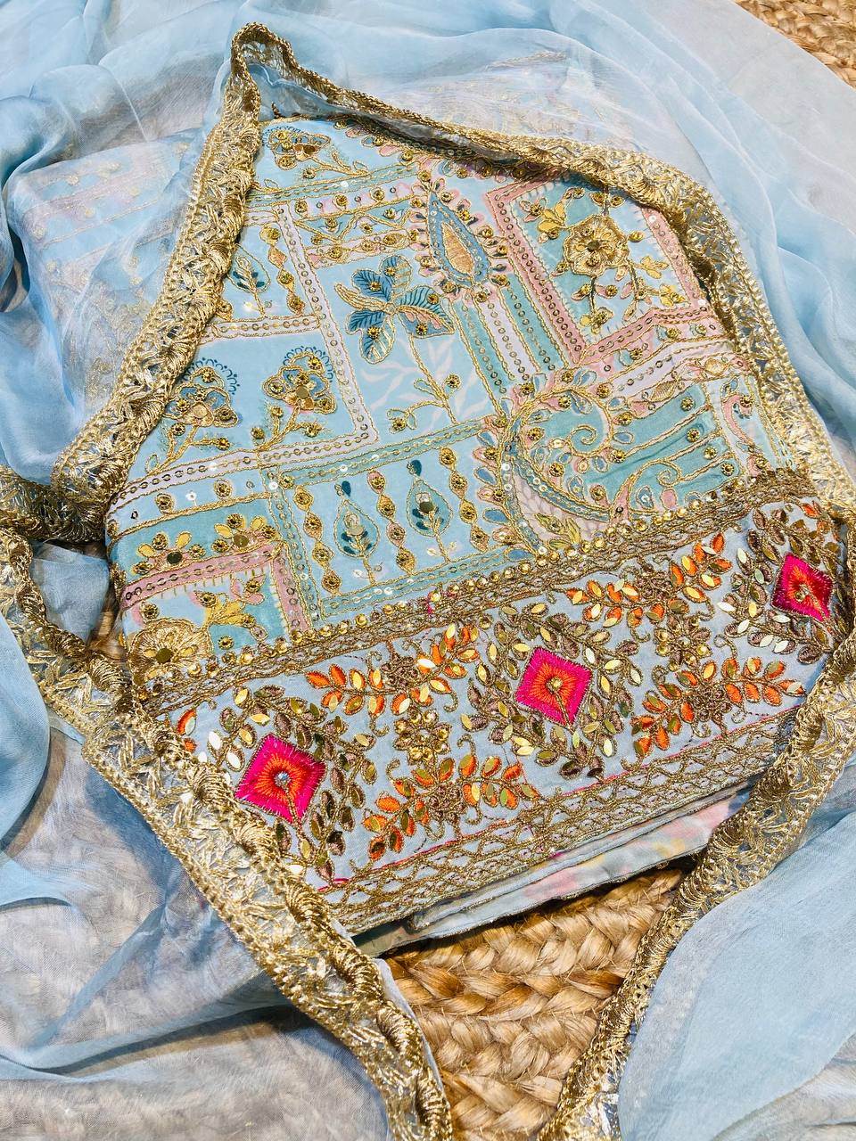 Most Premium Quality Of Pure Natural CREPE Suit With Fine Position Zari Work (Complete Suit With Bottom & Dupatta)