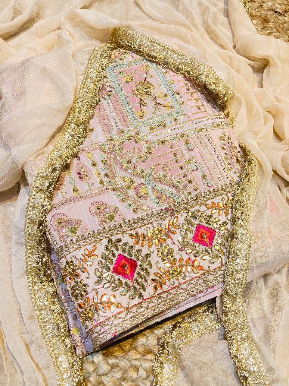 Most Premium Quality Of Pure Natural CREPE Suit With Fine Position Zari Work (Complete Suit With Bottom & Dupatta)