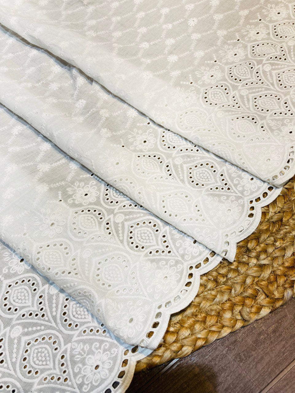 Most Premium Fine Border Cutwork On Pure Cotton 80*80 FABRIC With Chikankari (DYEABLE)