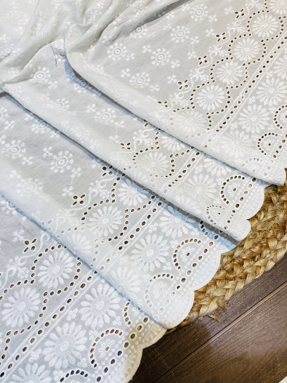 Most Premium Fine Border Cutwork On Pure Cotton 80*80 FABRIC With Chikankari (DYEABLE)