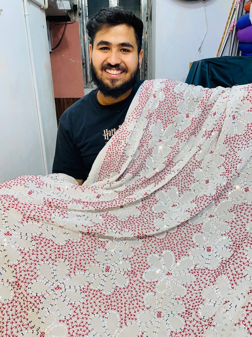 Most Premium Pure Viscose Dyeable GEORGETTE Fabric With Fine Embroidery (Big WIDTH!!)