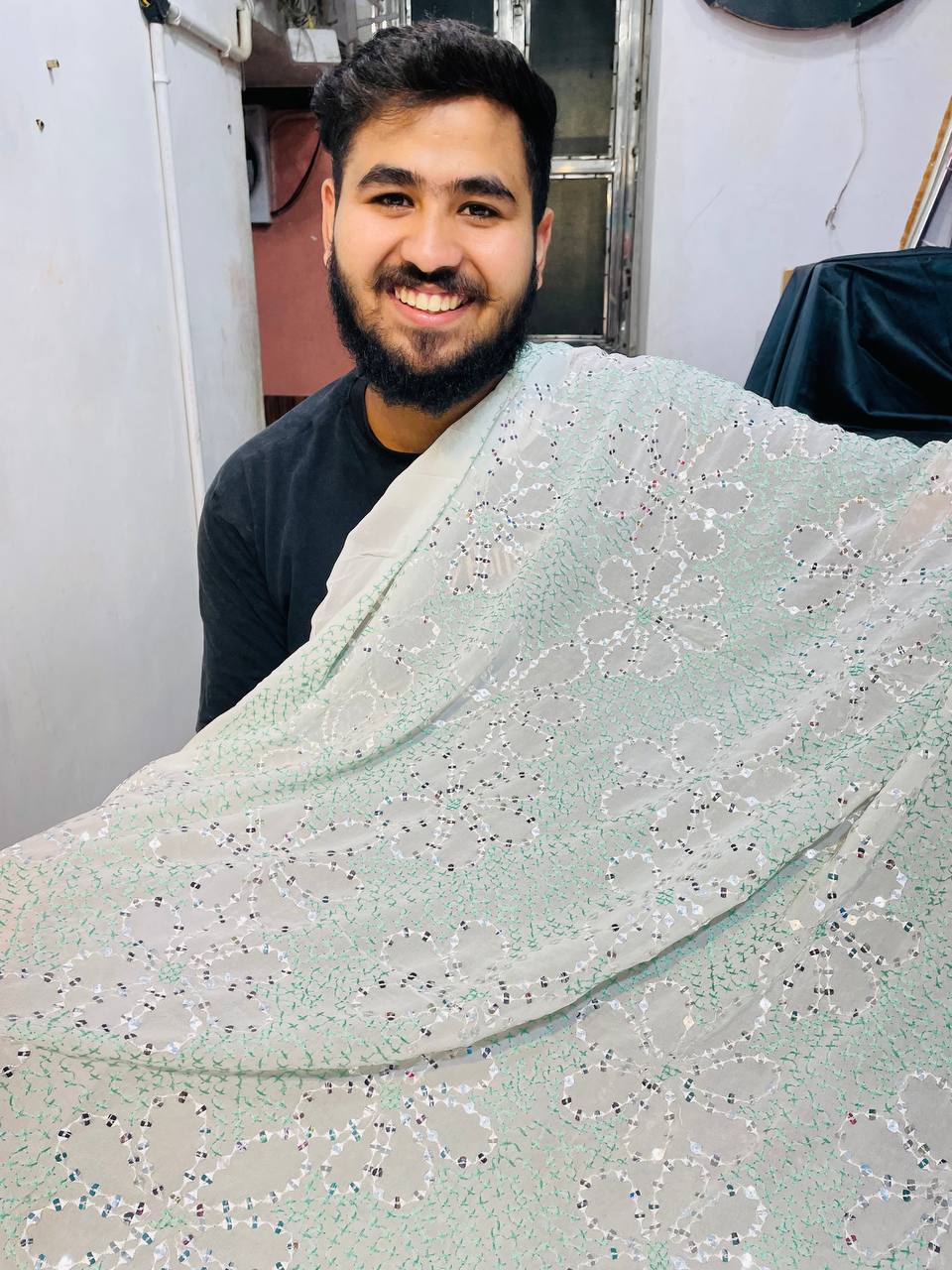 Most Premium Pure Viscose Dyeable GEORGETTE Fabric With Fine Embroidery (Big WIDTH!!)