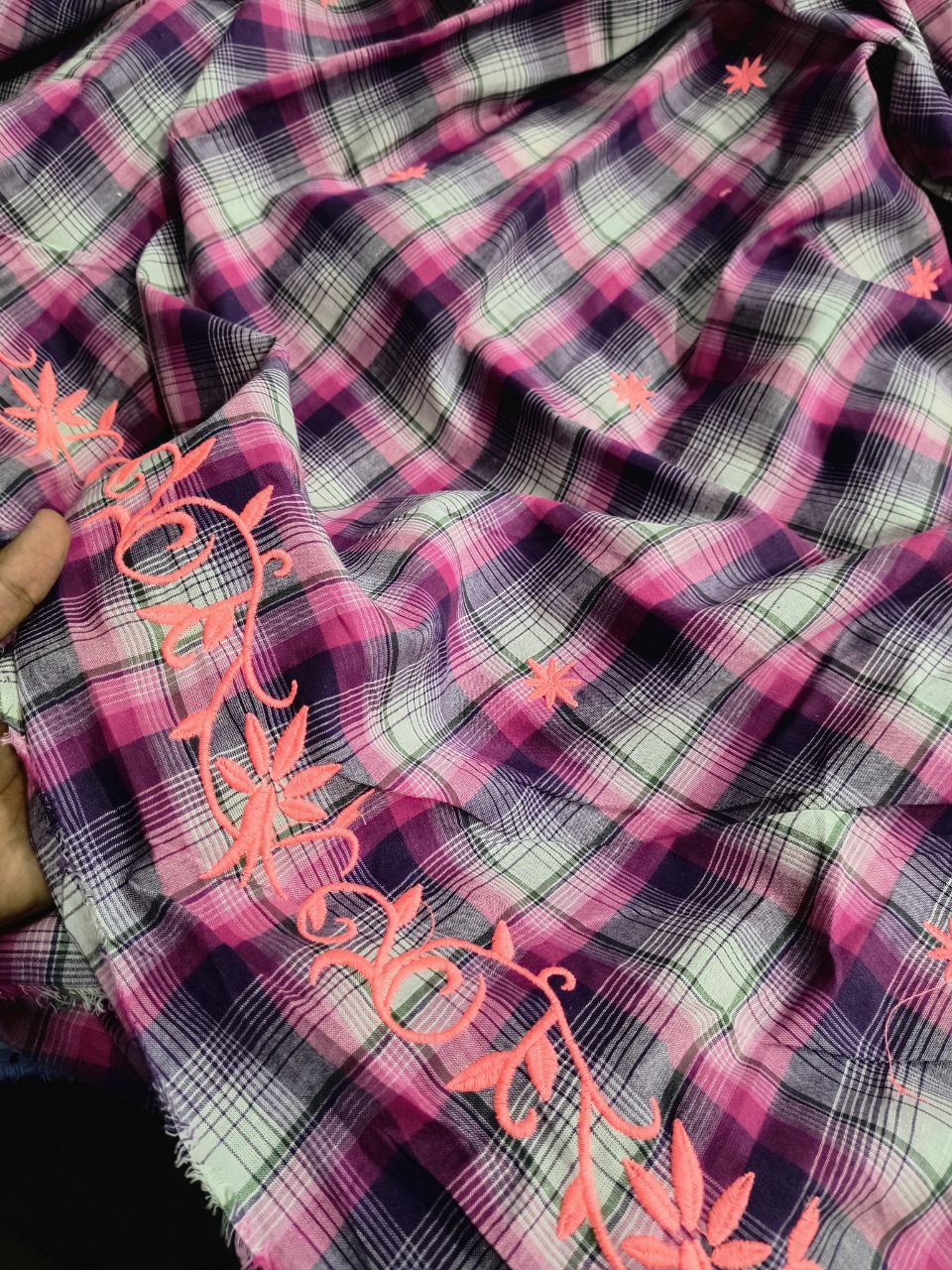 Premium Fine Thread Embroidery On Pure Cotton Checks FABRIC (Big WIDTH!!)