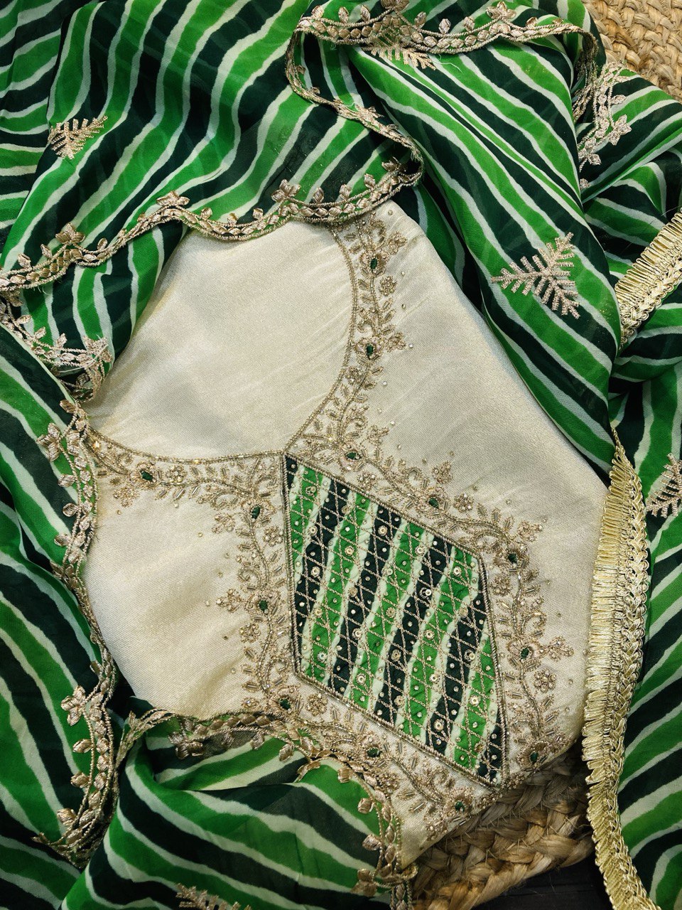 Premium Pure Cosmos SILK FABRIC With Fine Lace WORK (Complete Suit With Bottom & Dupatta)