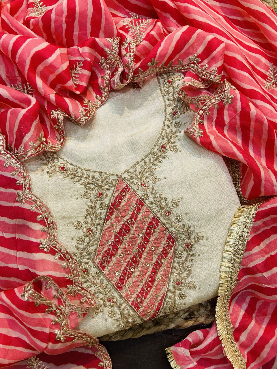 Premium Pure Cosmos SILK FABRIC With Fine Lace WORK (Complete Suit With Bottom & Dupatta)