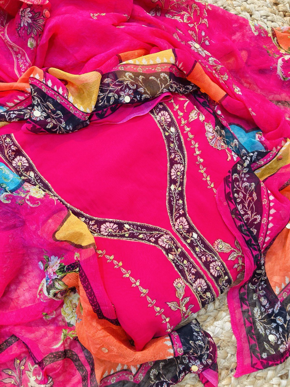 Premium Pure Organza SILK FABRIC With Fine Lace WORK (Complete Suit With Bottom & Dupatta)