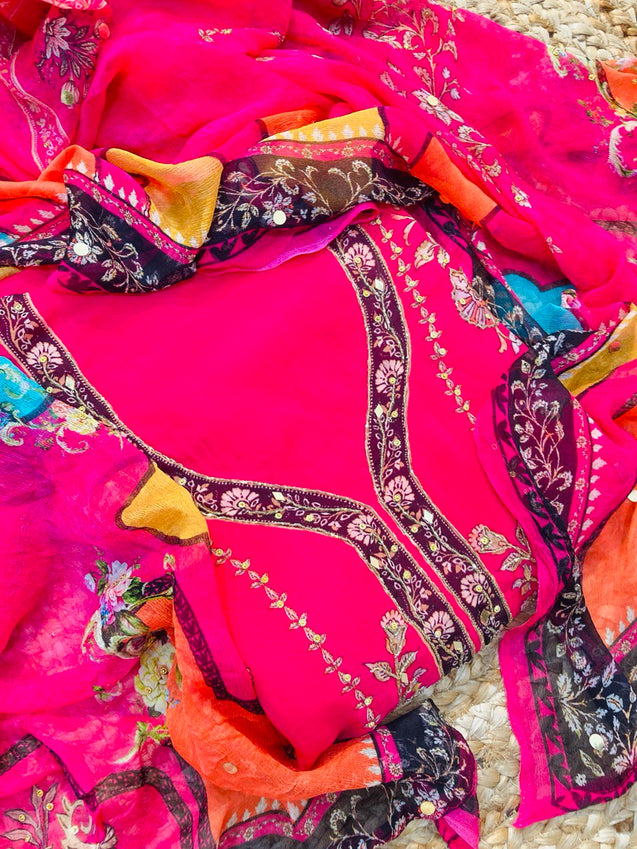 Premium Pure Organza SILK FABRIC With Fine Lace WORK (Complete Suit With Bottom & Dupatta)