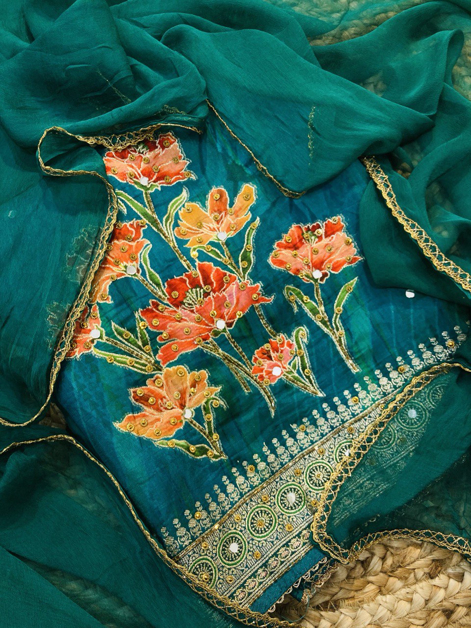 Premium Pure Dola SILK FABRIC With Fine Lace WORK (Complete Suit With Bottom & Dupatta)