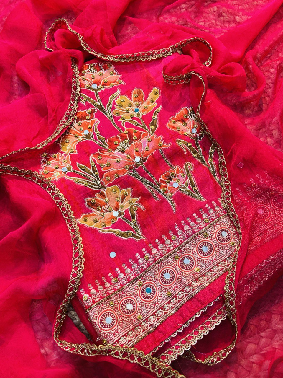 Premium Pure Dola SILK FABRIC With Fine Lace WORK (Complete Suit With Bottom & Dupatta)