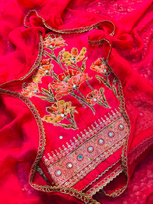 Premium Pure Dola SILK FABRIC With Fine Lace WORK (Complete Suit With Bottom & Dupatta)