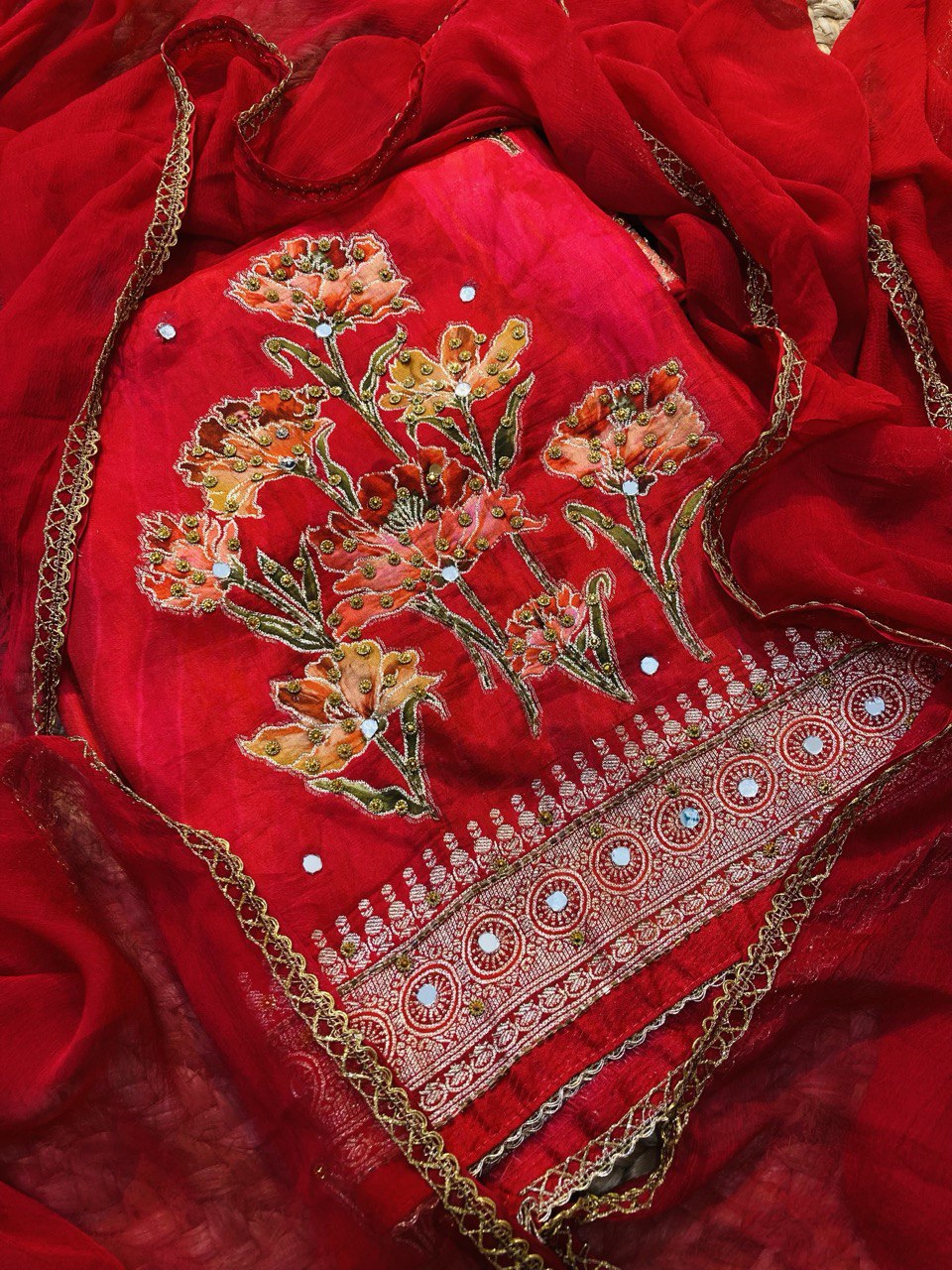 Premium Pure Dola SILK FABRIC With Fine Lace WORK (Complete Suit With Bottom & Dupatta)