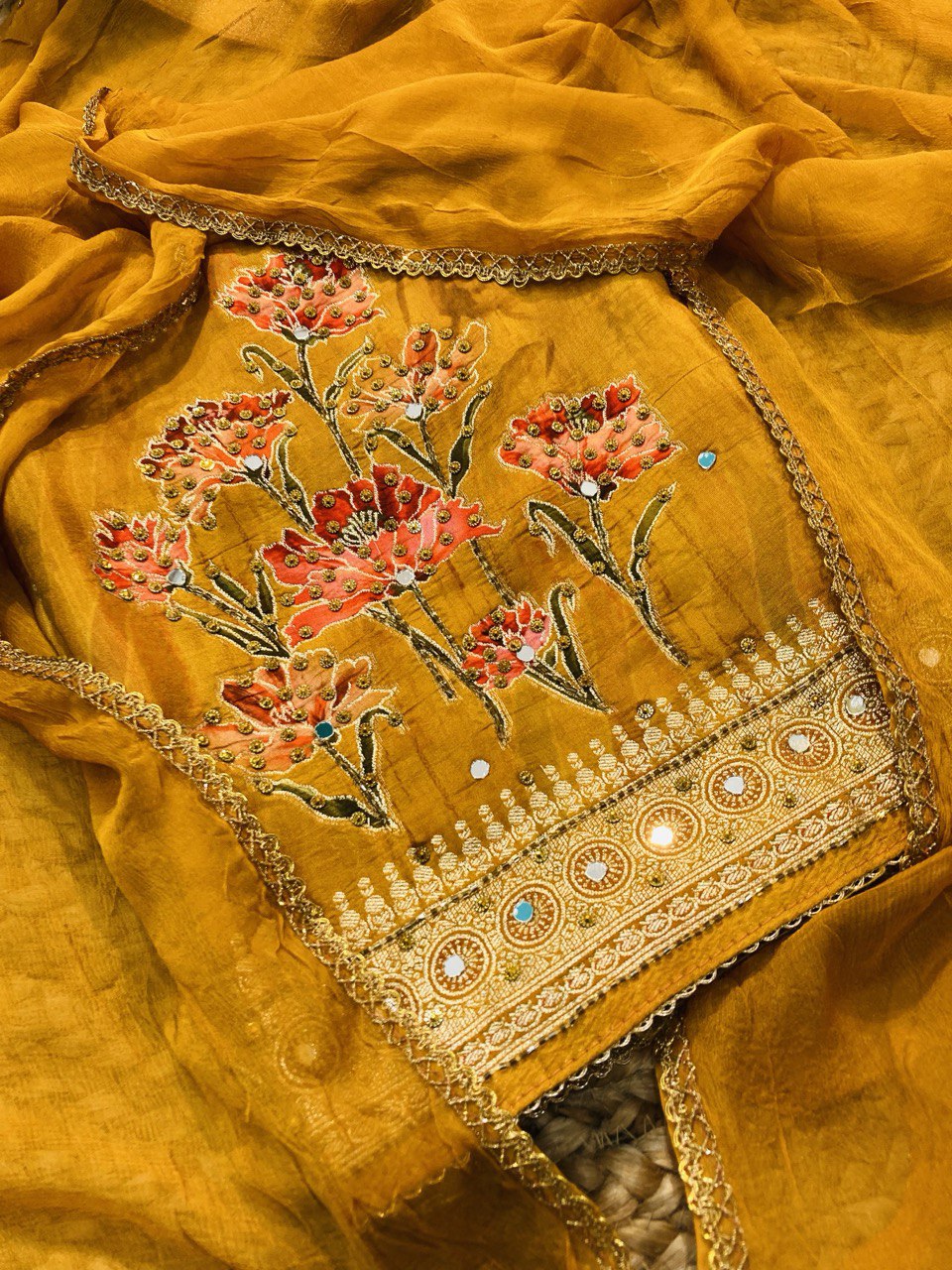 Premium Pure Dola SILK FABRIC With Fine Lace WORK (Complete Suit With Bottom & Dupatta)