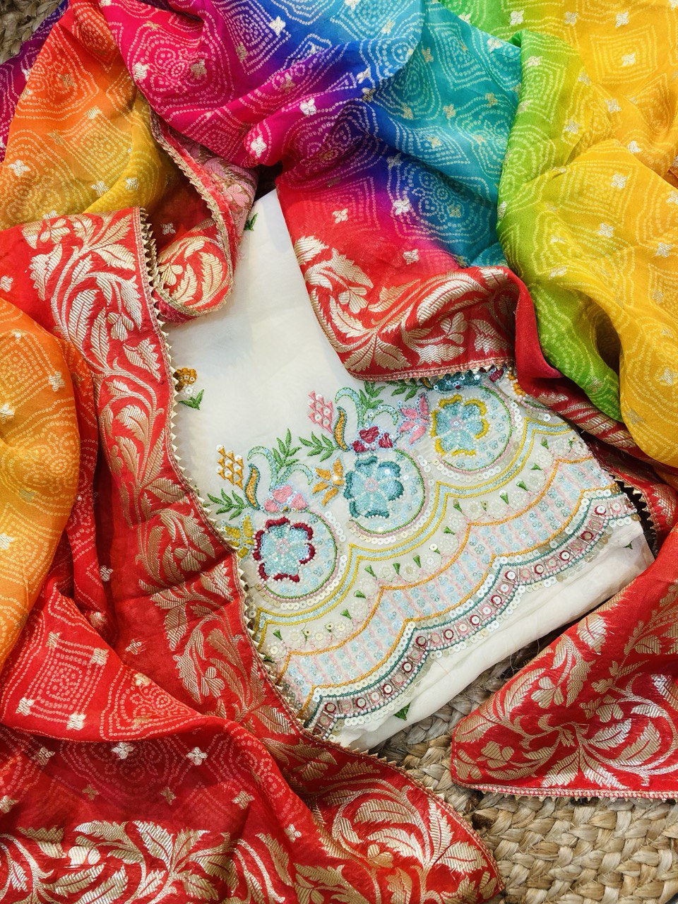 Premium Pure Organza Silk FABRIC Handwork With Fine Lace WORK (Complete Suit With Bottom & Dupatta)