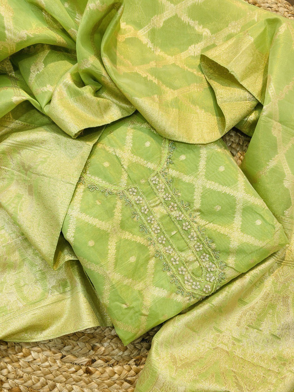 Premium Pure BANARASI Organza Silk FABRIC With Fine Lace WORK (Complete Suit With Bottom & Dupatta)