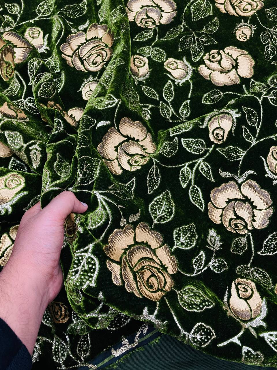 Most Premium Brasso ROSE Flower FABRIC - MEHNDI GREEN (Big WIDTH!!)