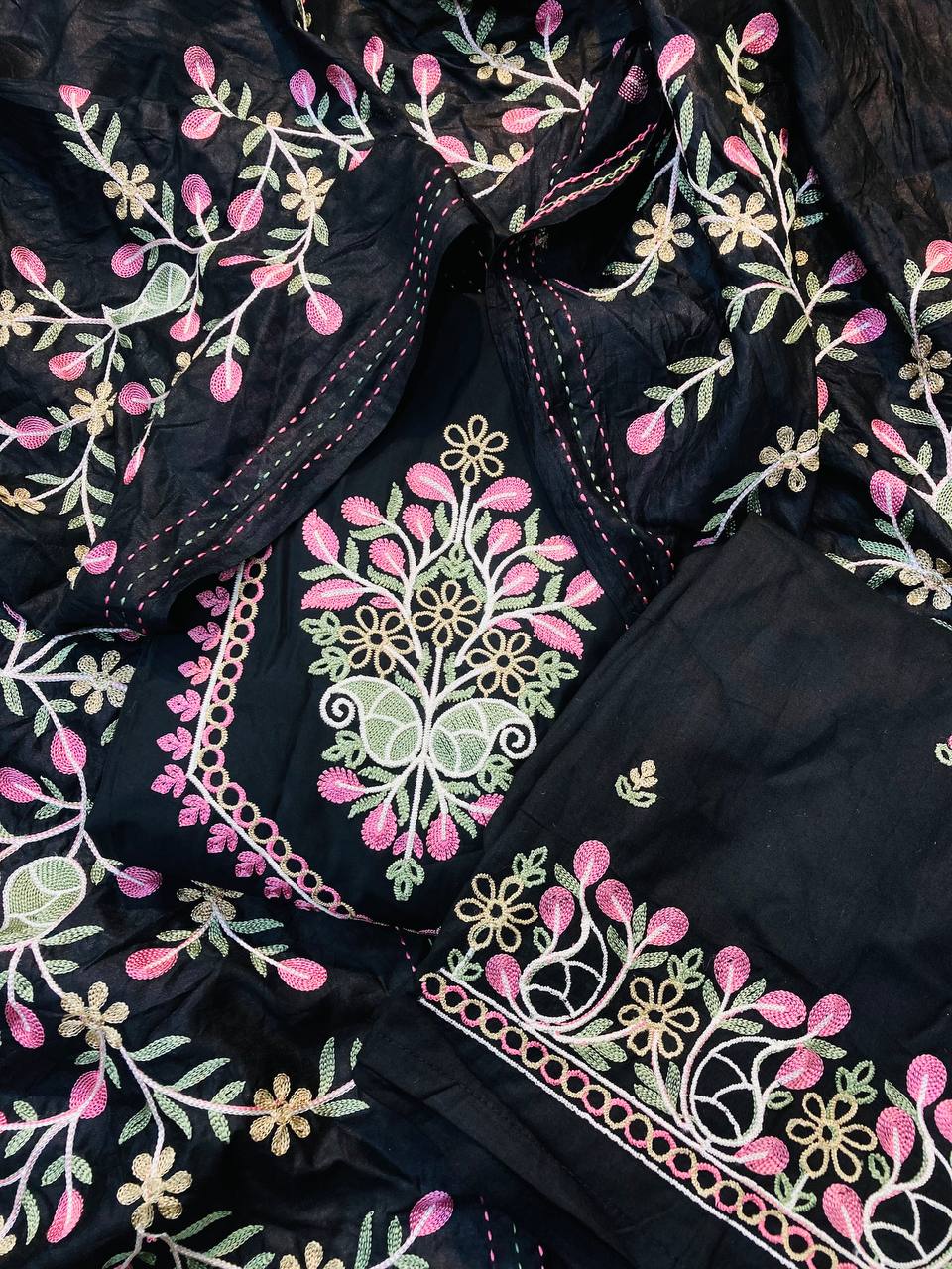 Premium Pure Cotton FABRIC Kashmiri Embroidery Suit With Work Bottom& Dupatta (Complete Suit With Bottom & Dupatta)