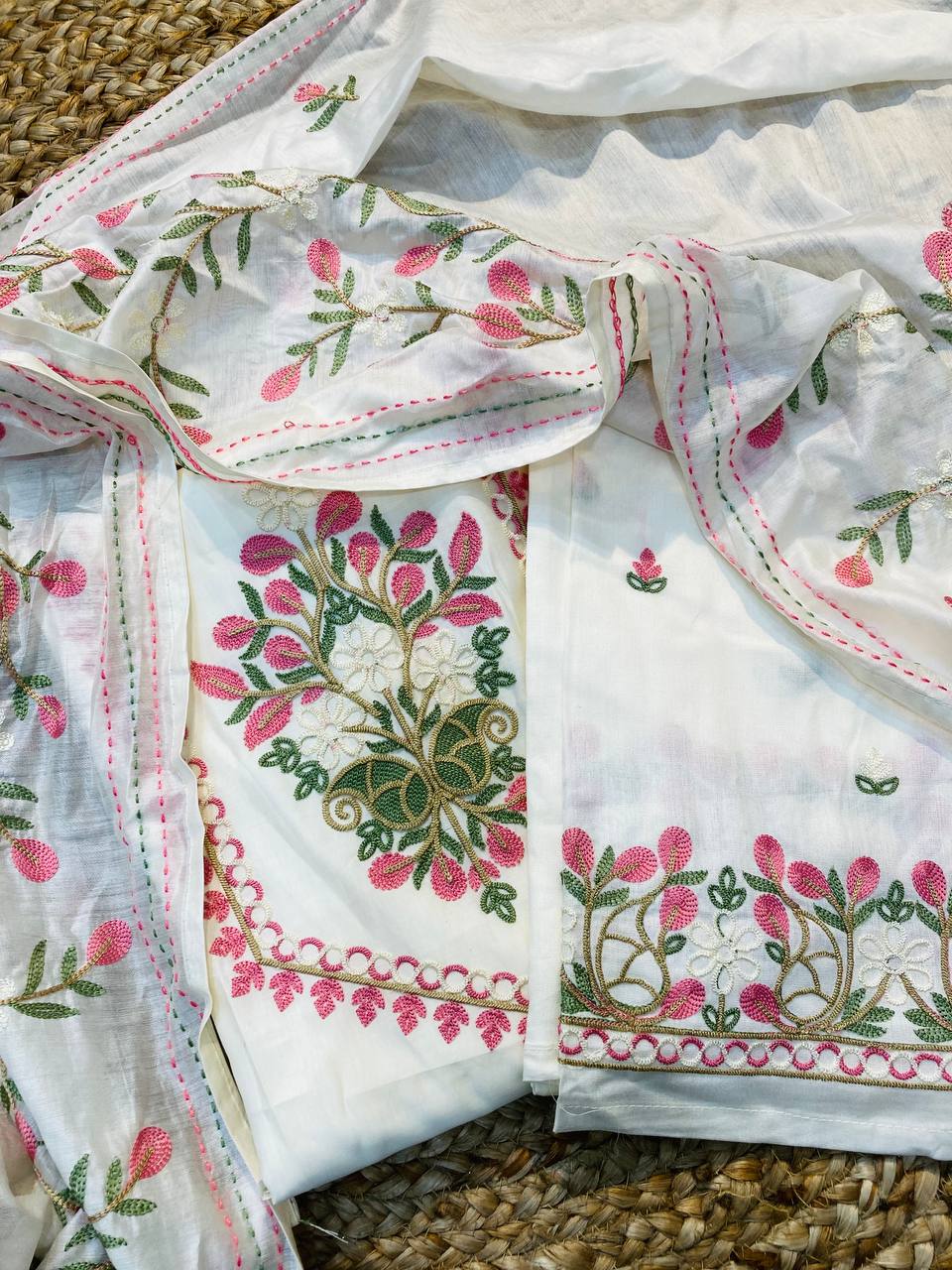 Premium Pure Cotton FABRIC Kashmiri Embroidery Suit With Work Bottom& Dupatta (Complete Suit With Bottom & Dupatta)