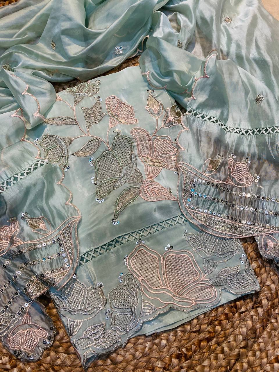 Premium Pure Heavy Pakistani Suit On Soft Organza Suit With Handwork (Complete Suit With Bottom & Dupatta)