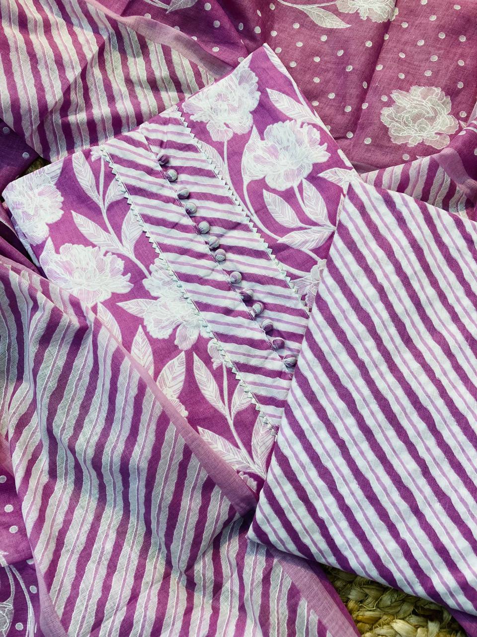 Premium Pure Cotton FABRIC Printed Suit With Neck Work (Complete Suit With Bottom & Dupatta)