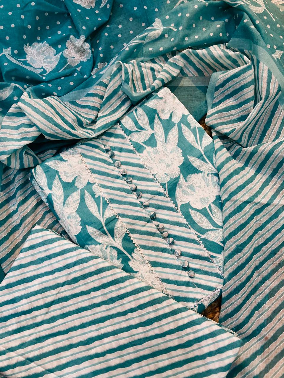 Premium Pure Cotton FABRIC Printed Suit With Neck Work (Complete Suit With Bottom & Dupatta)