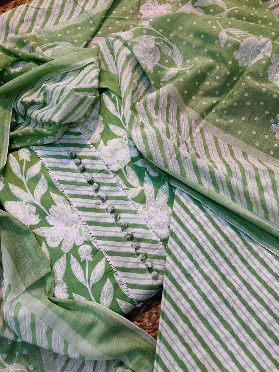 Premium Pure Cotton FABRIC Printed Suit With Neck Work (Complete Suit With Bottom & Dupatta)