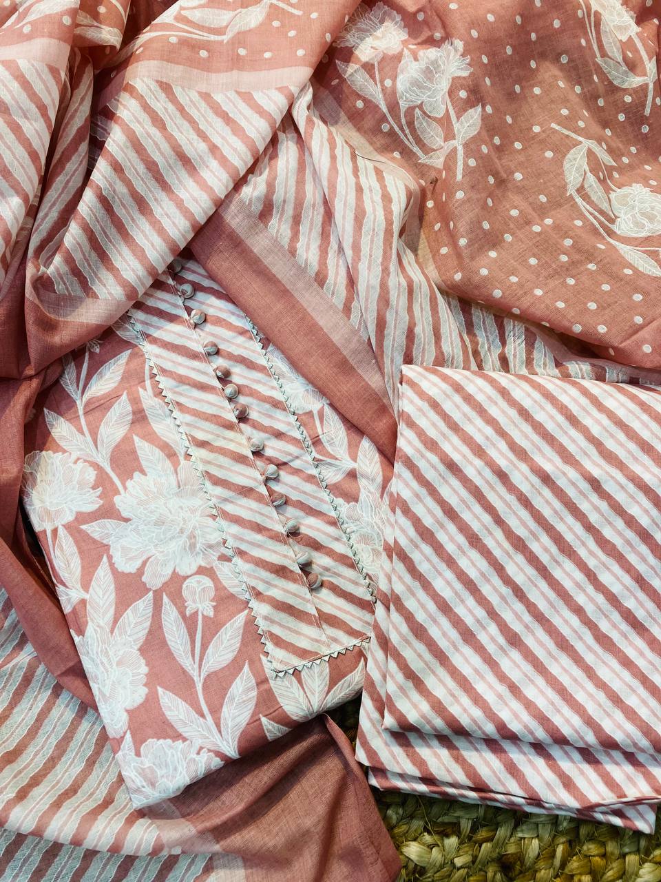 Premium Pure Cotton FABRIC Printed Suit With Neck Work (Complete Suit With Bottom & Dupatta)