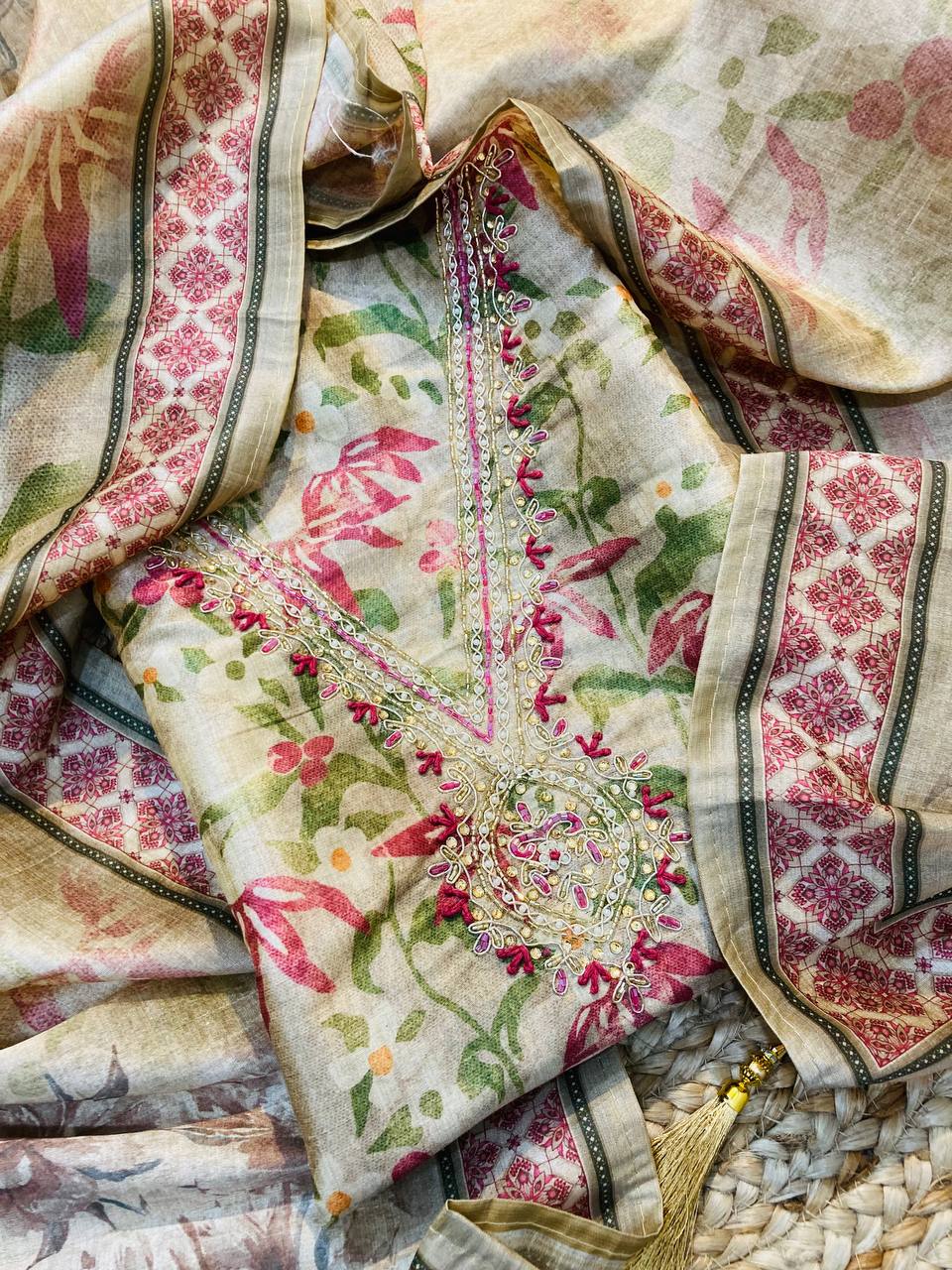 Premium Pure Tussar SILK FABRIC Printed Suit With Neck Work (Complete Suit With Bottom & Dupatta)