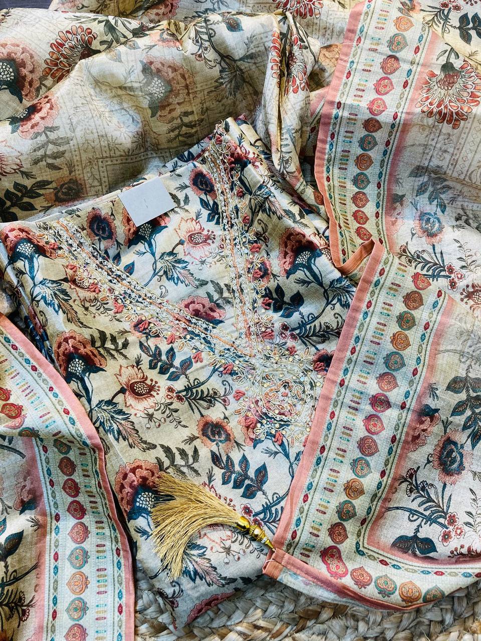 Premium Pure Tussar SILK FABRIC Printed Suit With Neck Work (Complete Suit With Bottom & Dupatta)