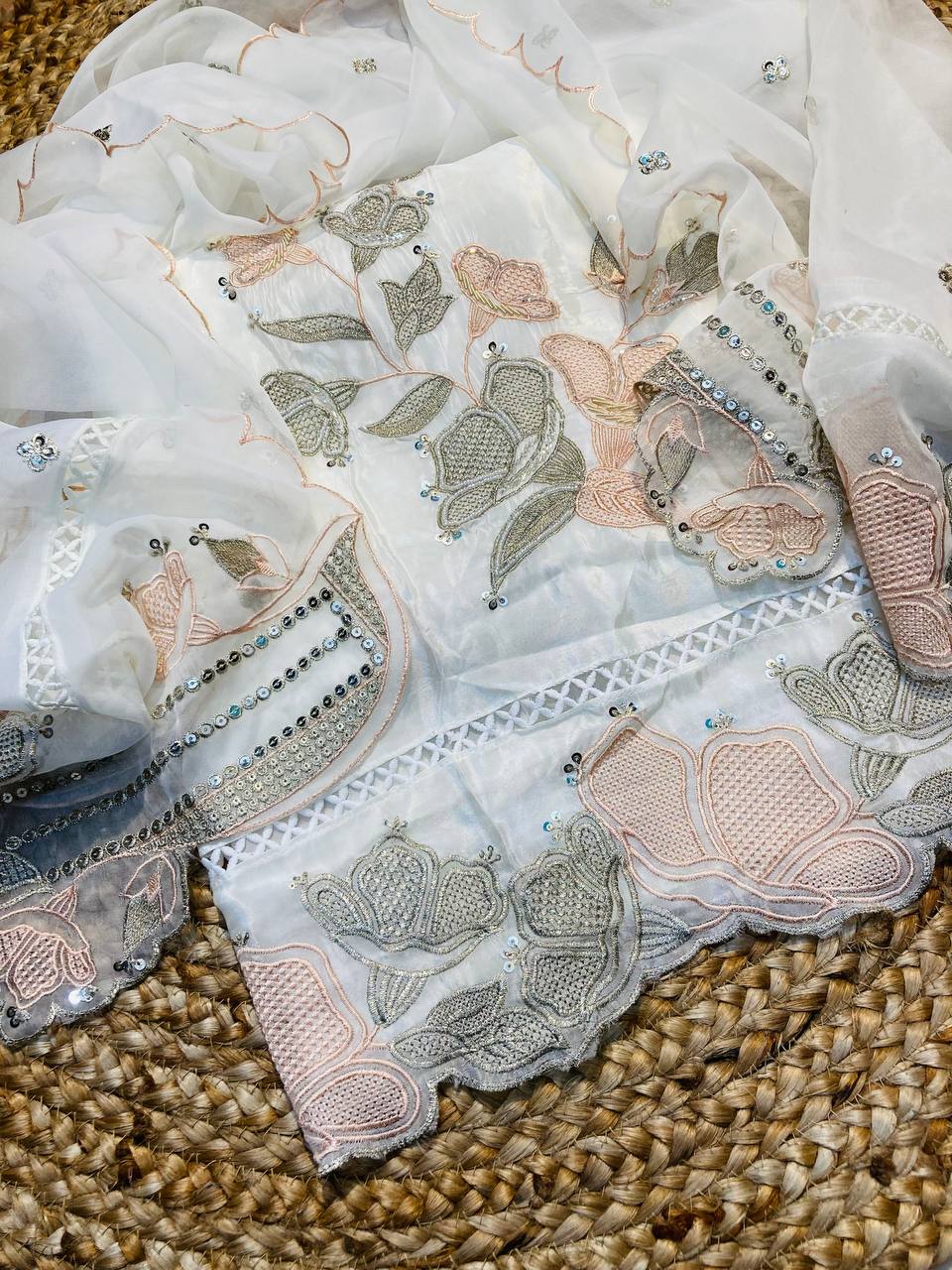 Premium Pure Heavy Pakistani Suit On Soft Organza Suit With Handwork (Complete Suit With Bottom & Dupatta)