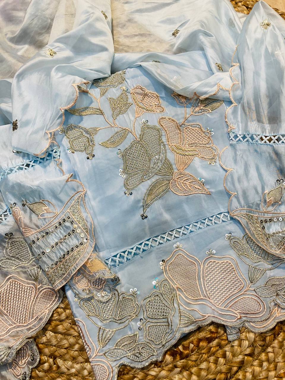 Premium Pure Heavy Pakistani Suit On Soft Organza Suit With Handwork (Complete Suit With Bottom & Dupatta)