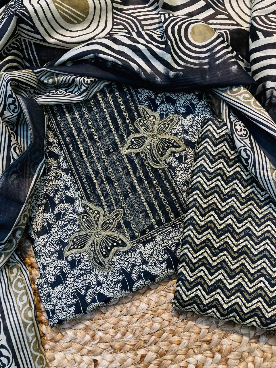 Premium Pure Cotton FABRIC Printed Suit With Neck Work (Complete Suit With Bottom & Dupatta)