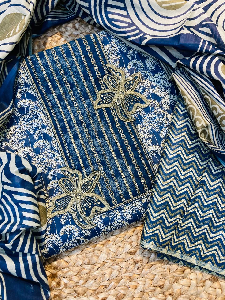 Premium Pure Cotton FABRIC Printed Suit With Neck Embroidery Work (Complete Suit With Bottom & Dupatta)