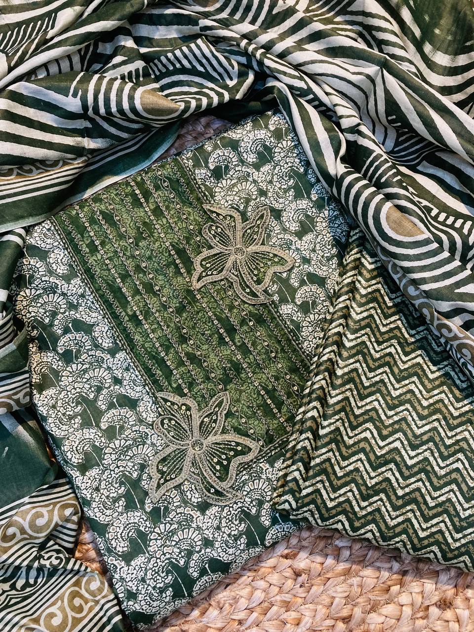 Premium Pure Cotton FABRIC Printed Suit With Neck Embroidery Work (Complete Suit With Bottom & Dupatta)