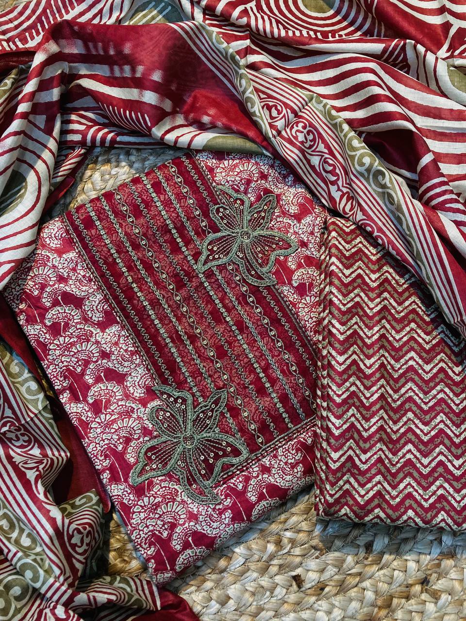 Premium Pure Cotton FABRIC Printed Suit With Neck Embroidery Work (Complete Suit With Bottom & Dupatta)