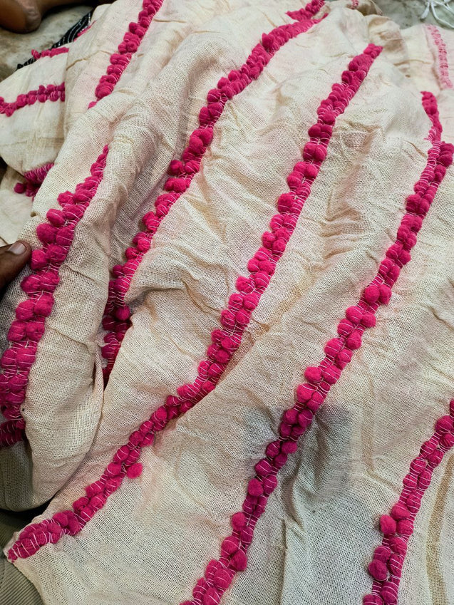 Premium Pom Pom Lace Work On Jute LINEN FABRIC