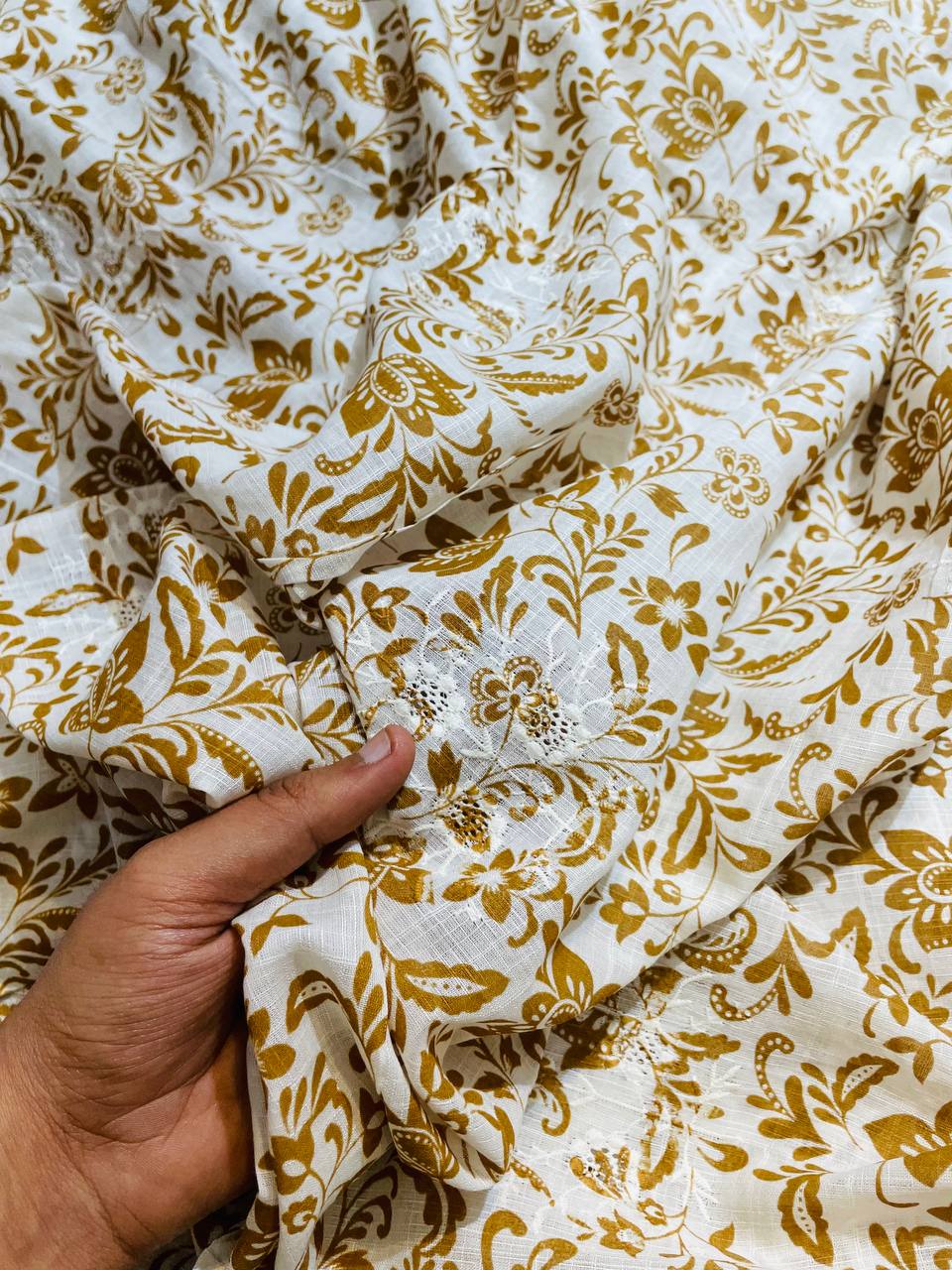 Premium Fine Chikankari Hakuba Work On Pure Modal Cotton Printed FABRIC