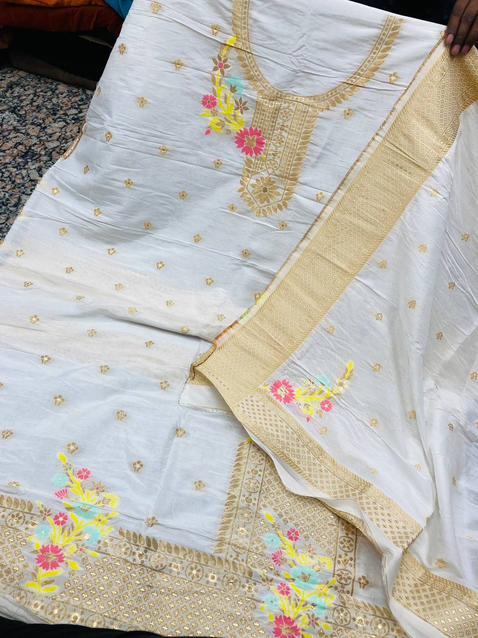 Most Premium Quality Of Suits - Dola Silk Dyeable  ( Complete Suit With SALWAAR)