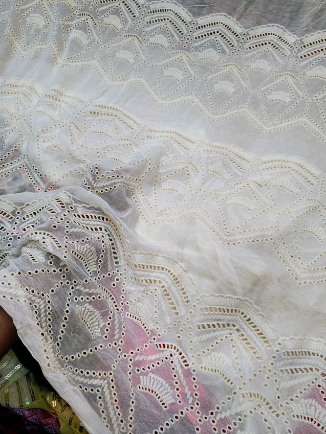 Premium Pure Viscose Georgette Fabric With Fine Hakuba Chikankari Embroidery (Big WIDTH!!) (Dyeable Aslo)