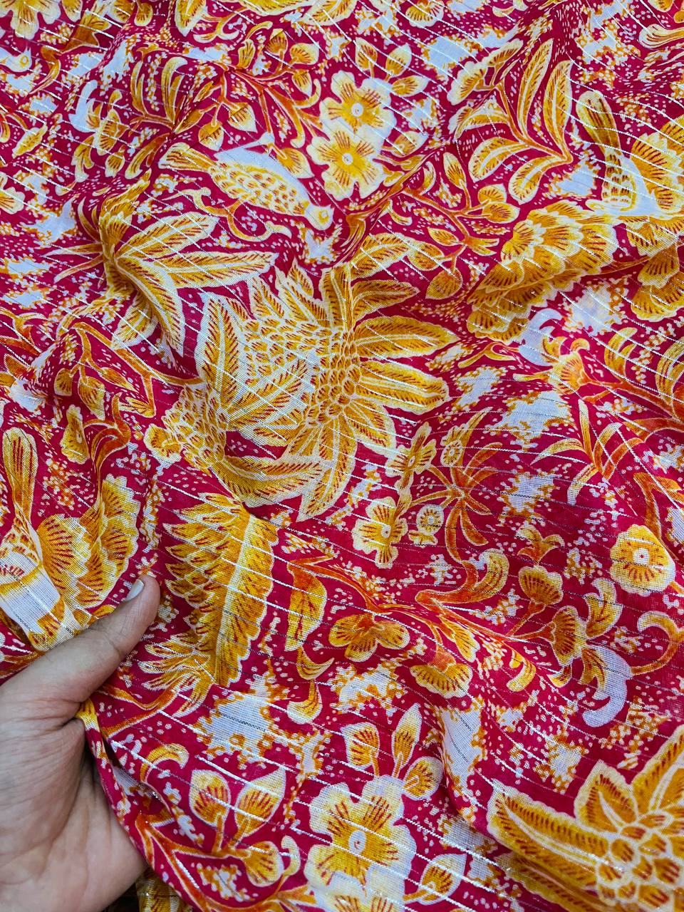 Most Premium Pure Mul Cotton Fabric With Fine Zari Weaving Digital PRINTED (Big WIDTH!!)