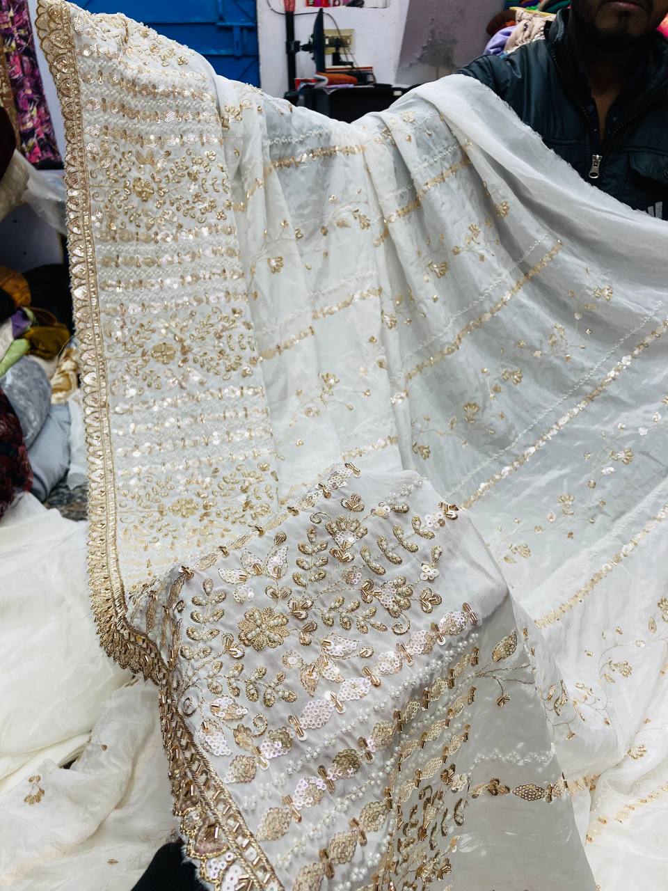 Most Premium Heavy Cut Dana Beats Hand Work On Pure Dyeable CREPE FABRIC (Big WIDTH!!)