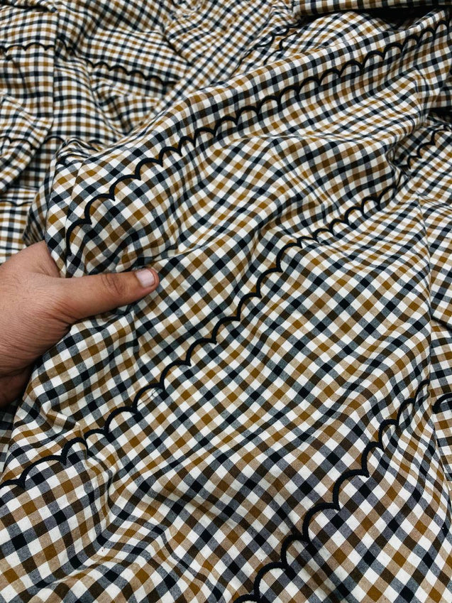 Most Premium Fine Thread Embroidery On Checks Poplin Cotton FABRIC (Big WIDTH!!)