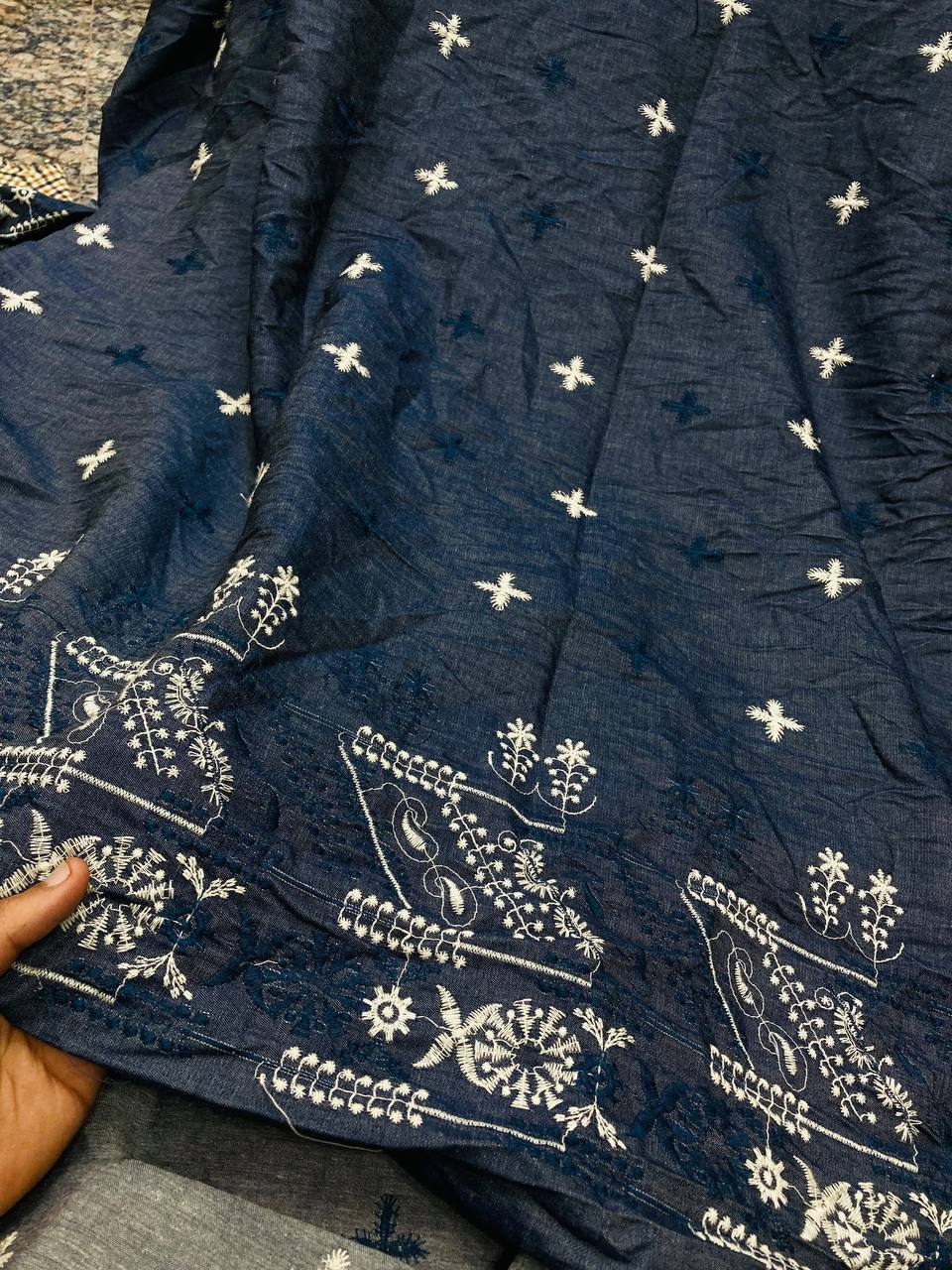 Most Premium Pure Export Quality Silky Denim With Embroidery (Big WIDTH!!)