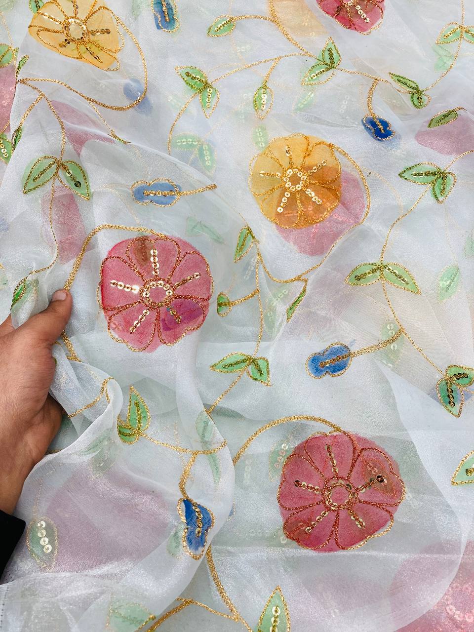 (SALE Prices) Most Premium Position Print Organza FABRIC With Fine Embroidery